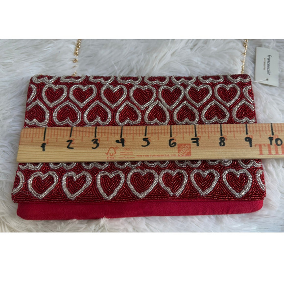Francesca Clutch Evening Bag Gold Red Beaded Heart Chain Shoulder Strap NWT - Picture 7 of 12